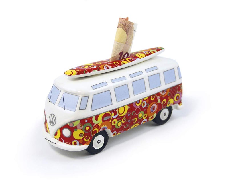 BRISA VW Collection - Volkswagen Savings Bank Piggy Bank Money Coin Box with Surfboard in T1 Bus Samba Design (Classic Bus/Red) - Image 1